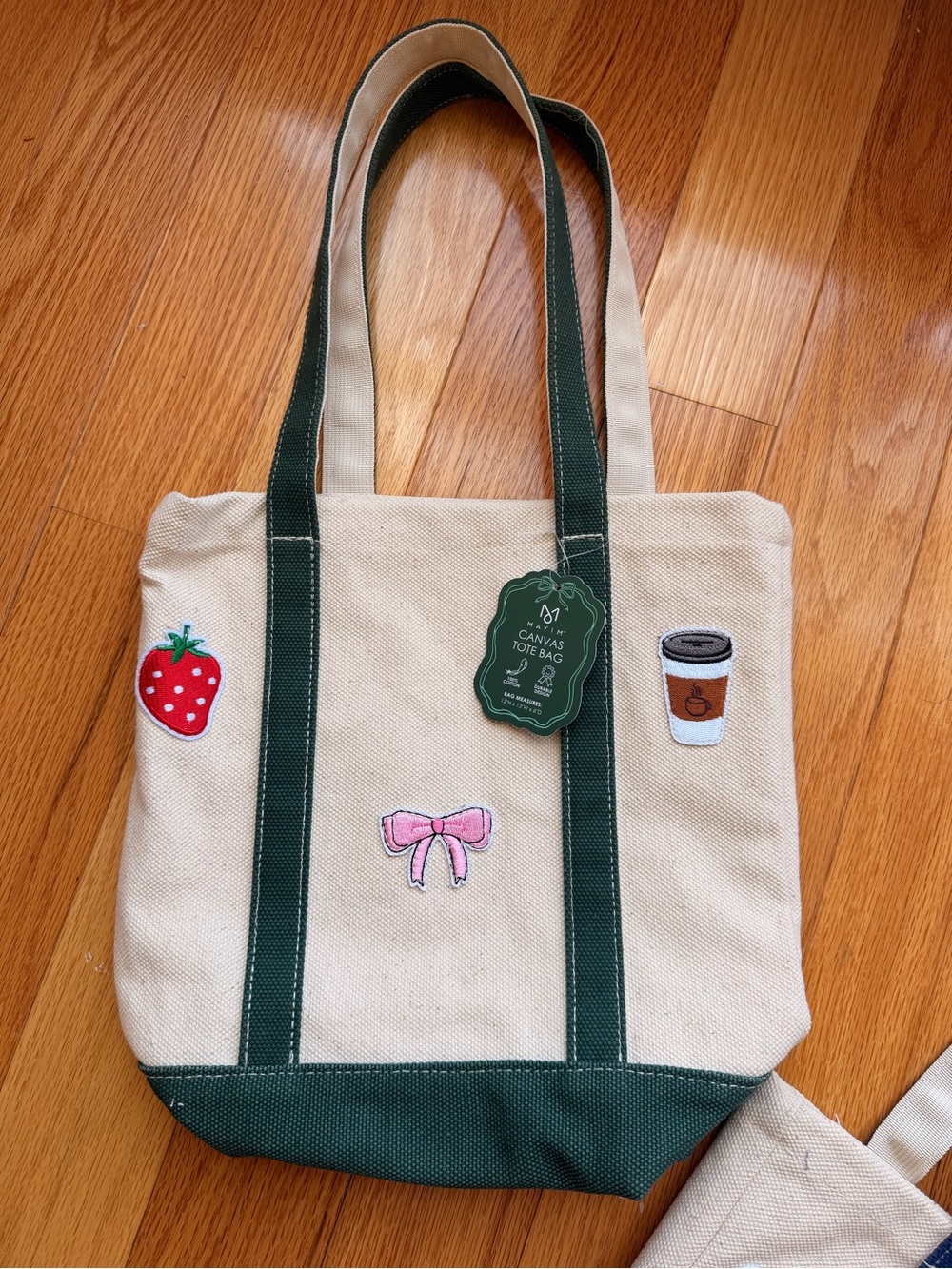 Cream Heavyweight Canvas Tote with Dark Green Trim and Patches